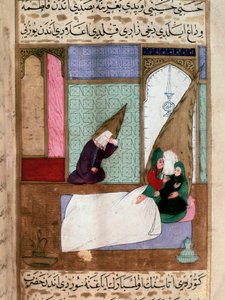 The Prophet Muhammad (570-632) (covered face) taken away from his family at the time of death. Persian miniature of the 18th century. Musee Topkapi Istanbul Turkey by Turkish School