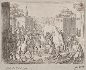 Dead(?) Oriental Wrapped in a Cloth in the Presence of a European Company on Horseback by Ubekendt