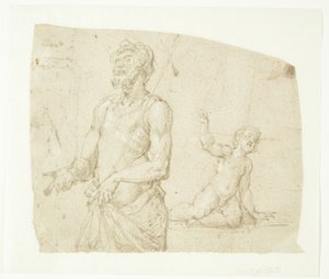 A Man with a Cross Staff over His Shoulder (John the Baptist?), with a Boy Lying Behind Him by Ubekendt