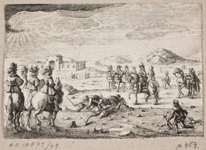 European Riders in an Open Landscape. In the Background a Caravanserai by Ubekendt