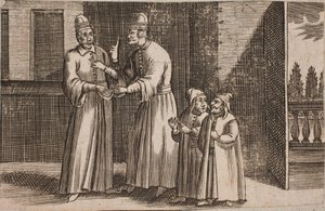 Interior with Four Standing Figures, Including Two Dwarfs? by Ubekendt