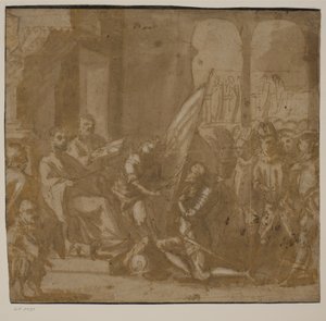 A Soldier in Armour Kneeling in Front of an Enthroned Procurator by Ubekendt Ubekendt