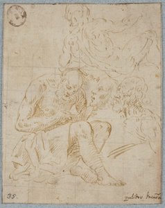 A Study for a Seated Figure Reading, a Prostrated Male Nude Seen from Behind, and Two Male Heads by Ubekendt Ubekendt