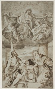 The Virgin and Child among angels in the clouds with Sts John the Baptist and Jerome, after Paolo Veronese’s painting formerly in S. Francesco della Vigna, Venice by Ubekendt Ubekendt