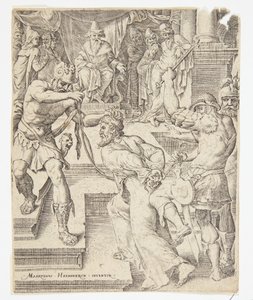 Christ before Caiaphas by Ubekendt efter Dirck Volckertsz. Coornhert efter Maarten van Heemskerck