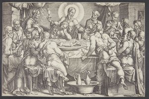 Christ Foretelling the Betrayal of Judas Iscariot at the Last Supper by Ubekendt efter Maarten van Heemskerck
