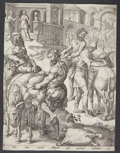 The Servants of Abigail Loading the Asses with Food for David by Ubekendt efter Maarten van Heemskerck