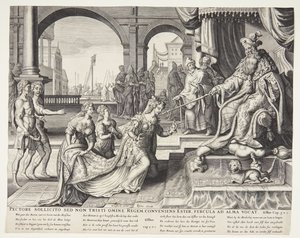 Esther before Ahasuerus, inviting him for a banquet by Ubekendt efter Philips Galle efter forlæg af Maarten van Heemskerck