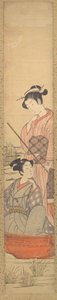 A Young Woman Standing in a Boat Pulling it Along and a Young Man Seated in it at Her Feet