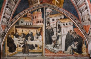 Episodes of the Life of Saint Benedict of Nursie: On the left the attack of the monks of Vicovaro who seek to poison Saint Benedict, this one miraculously breaks the cup containing the poison, on the right Saint Benedict warriors a monk with acedie by Umbrian School