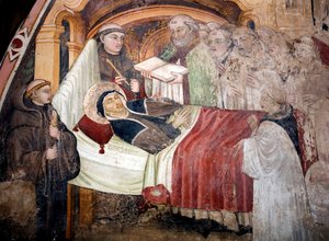 The Death of Saint Scholastica, Sister of Saint Benedict of Nursia. Surrounded by Benedictine Monks. Fresco of the Umbria School of the 15th century. Monastery of Saint Benedetto, Subiaco, Italy by Umbrian School