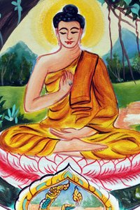 Wat Inpeng Buddhist Temple. Painting Depicting the Life Story of Shakyamuni Buddha. The Teaching Buddha Depicts a Particular Moment in the Life of the Buddha, Namely, the First Sermon the Buddha Gave After Reaching Enlightenment, Vientiane, Laos by Unbekannt