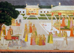 A Mughal Painting of a Princess and Her Ladies Celebrating Diwali