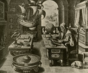 A Navigating Expert at Work in His Study with Globe and Compass by Unbekannt