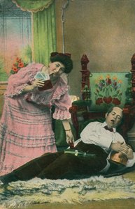 A postcard of a wife taking her drunk husband