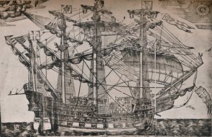 A woodcut of a ship which is believed to be The Ark Royal by Unbekannt