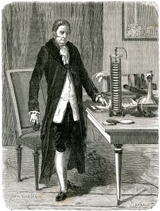 Alessandro Volta, Italian physicist, demonstrating his electric pile battery, c1800 c1870 by Unbekannt