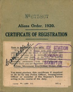 Aliens Order, Certificate of Registration by Unbekannt