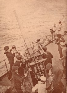 An anti-aircraft gun in action on a British battleship by Unbekannt
