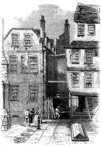 Ancient Houses in the Temple and the Grave of Oliver Goldsmith, London (1860)