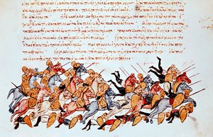 Byzantine cavalrymen overwhelming enemy cavalry and foot soldiers by Unbekannt