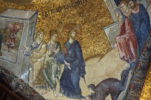 Chora Church museum: mosaic depicting the woman asking Jesus for restoration of her health Istanbul Turkey