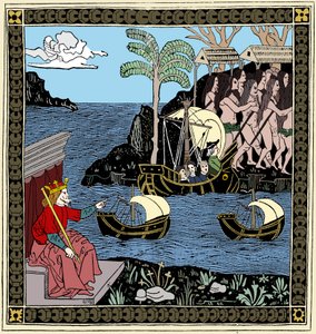 Christopher Columbus Discovering America, woodcut by Unbekannt