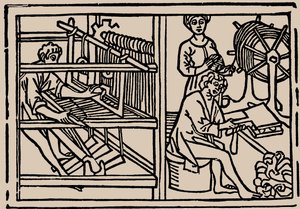 Combing, spinning and weaving of wool. From Speculum Vitae Humanae by Rodericus Zamorensis by Unbekannt