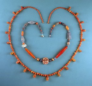 Cornelian Necklace from Tell Farah (South), Israel, c.1300 BC; Lapis Lazuli, Cornelian and Etched Cornelian Necklace from Kish, Iraq, c.2500 BC by Unbekannt