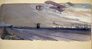 Early aviation: Louis Paulhan (1884-1963) flying over a railway track in his biplane during the 300km London/Manchester straight-line race on April 27-28, 1910 by Unbekannt