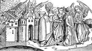 Destruction of Sodom and Gomorrah by earthquake, 1493 by Unbekannt