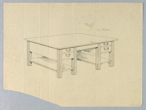 Drawing, Design for Massive Library Table with Square Fluted Legs and Open Stretcher Shelves by Unbekannt