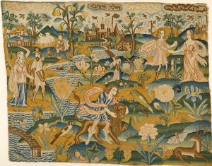 Embroidered Picture: Man with a Lion in a Landscape with Two Couples, 2nd Half of the 17th Century by Unbekannt