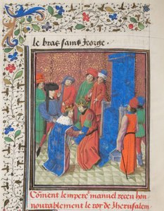Emperor Manuel I Komnenos meets with king Amalric I of Jerusalem. Miniature from the Historia by William of Tyre, 1460s by Unbekannt