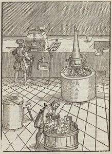 Equipment and Analysis of Gold and Silver Ores - Engraving from Description of Ores and Principal Mining Methods, by Lazarus Ecker