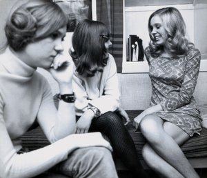 Fashion: Young Girls at a Party in Spain, One of the Women is Wearing a Very Short Dress by Unbekannt