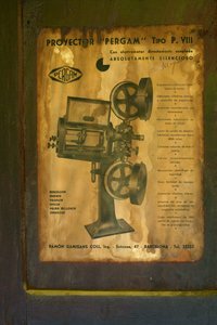Former Hotel (Hostal Vell - la Toranesa). Interior. The Cinema Projection Room. Cinema Projector (Ossa Pergam tipo PVIII). (Detail) The Original Projector Manual.