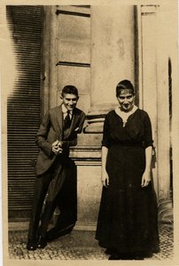 Franz Kafka with his sister Ottla before Oppelt House in Prague by Unbekannt