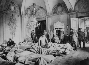 French and German wounded in a chateau in France, World War I, 1915