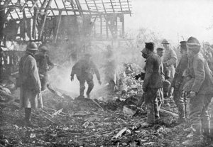 French troops using flamethrowers to flush out Germans from their shelters, Cantigny, France by Unbekannt