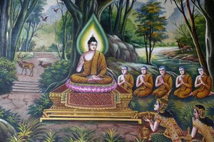 Fresco Depicting the Buddha with Followers in Wat Chiang Mun, Chiang Mai. Thailand