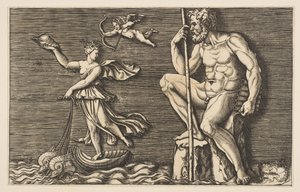 Galatea escaping Polyphemus, he is seated on a rock holding a staff and pipes