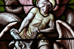 Basilica Notre-Dame of Geneva. Stained glass window. Angel fighting Satan as a dragon. by Unbekannt