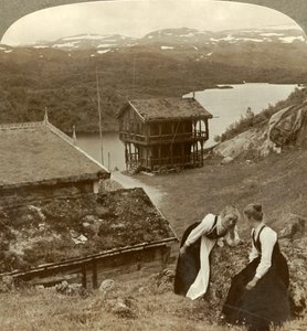Gossip at a Wayside Inn at Botten, Overlooking the Voxli Lake - View Toward Haukeli Mts., Norway by Unbekannt