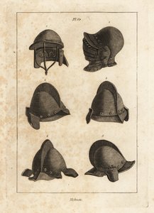Helmet with Down-opening Bever in the Tower of London, Double-barred Helmet, and Salet with Oreillets or Earpieces
