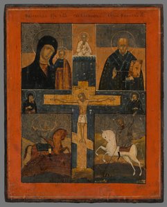 Icon - Crucifixion with Kazan Mother of God, St. Nicholas, St. George, and Demetrius by Unbekannt