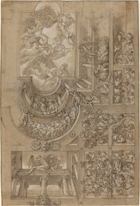 Illusionistic Ceiling with a Grape Arbor, Figures Poised on Galleries, and a Central..., c. 1570-1580 by Unbekannt
