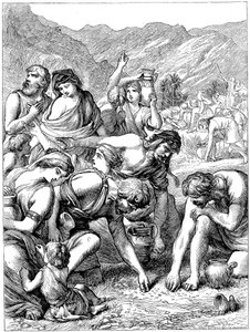 Israelites in the wilderness collecting the manna that fell from Heaven