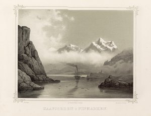 Kåfjord in Finmark. Illustration from the book Norway Represented in Drawings by Asbjørnsen, P.Chr. Published by Chr. Tønsberg (Norway 1848)