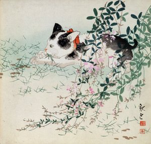 Kitten in grass and foliage flowers - Japanese print